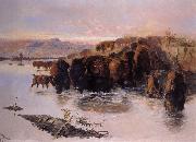 Charles M Russell The Buffalo Herd oil on canvas